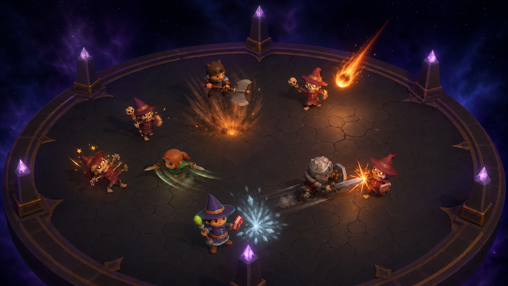 Aparc game art showing all four classes fighting skeletal mages on the Bell's starlit choir loft
