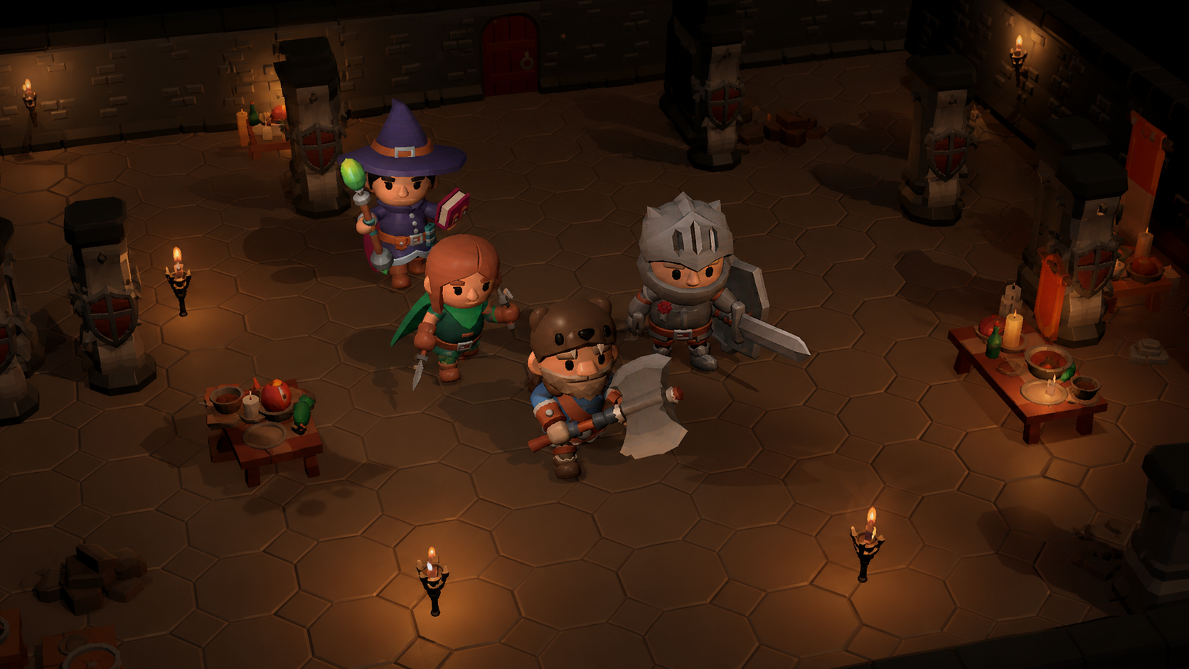 Aparc game art showing the Barbarian, Knight, Rogue, and Mage advancing together through a torch-lit dungeon
