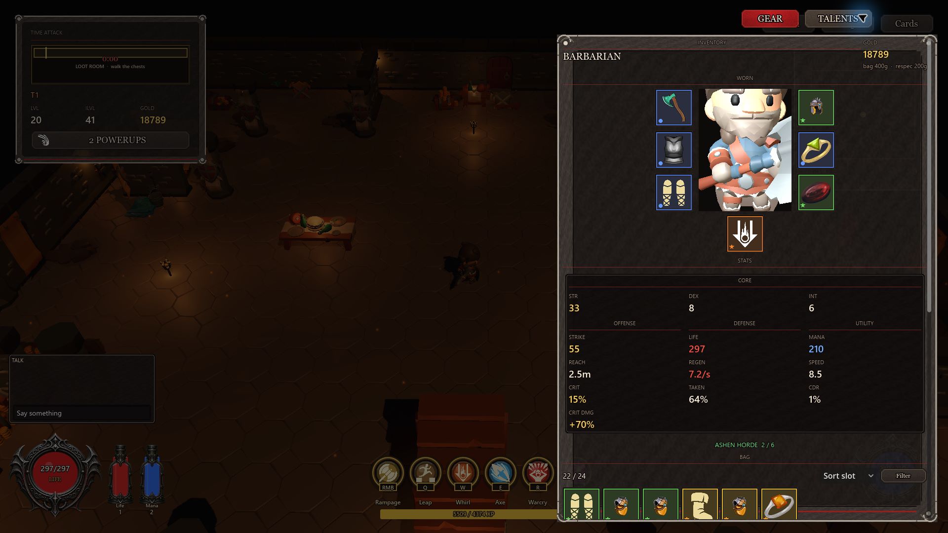 Aparc gear screen showing the barbarian, equipped items, inventory, and character stats