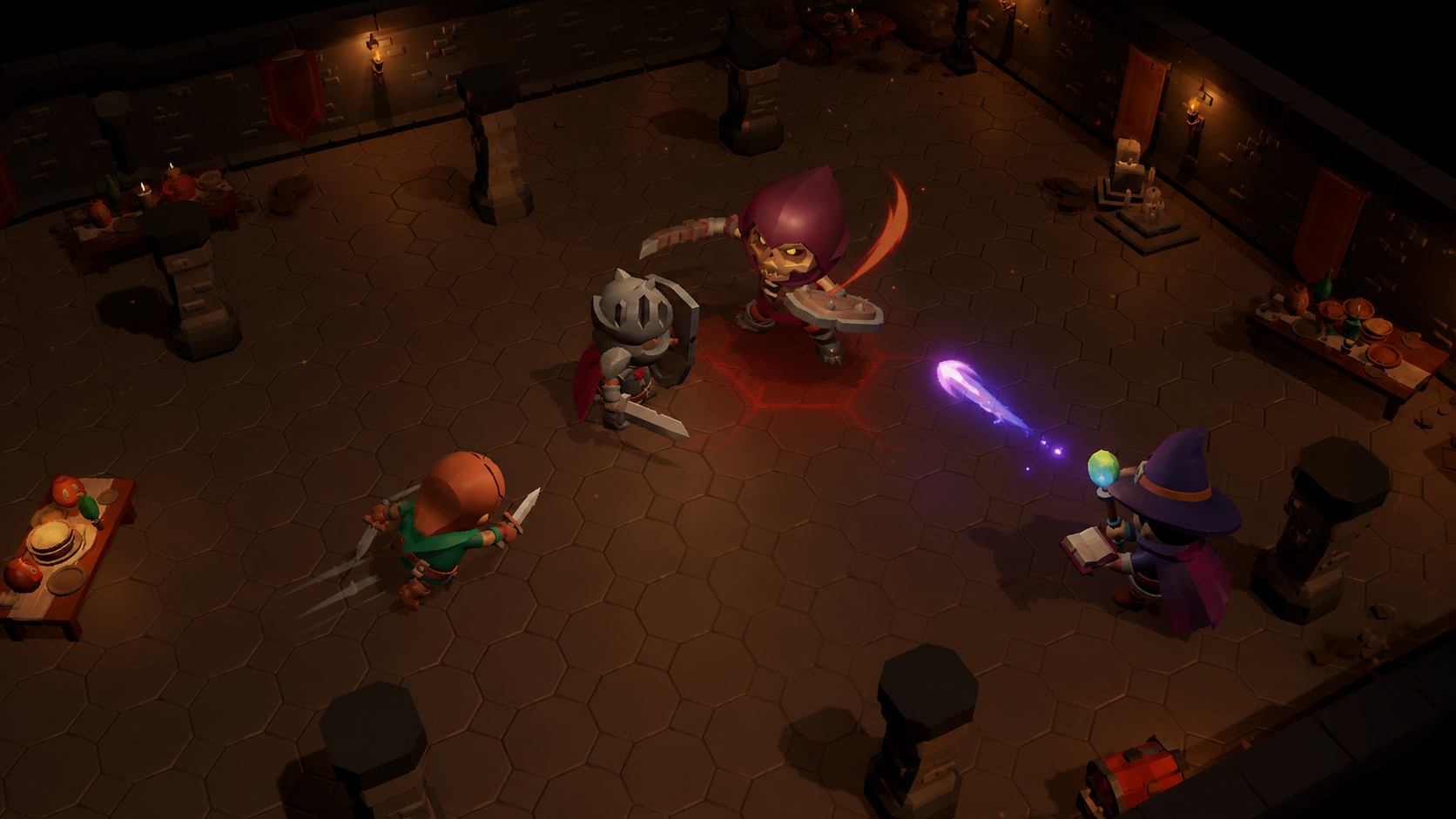 Aparc game art showing the Knight, Rogue, and Mage fighting the Hollow King in an isometric dungeon arena